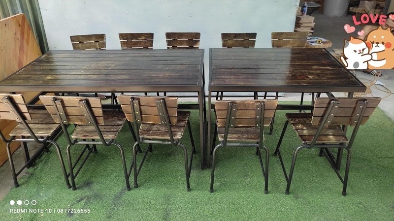 Bộ bàn ghế ăn khung sắt mặt gỗ nan