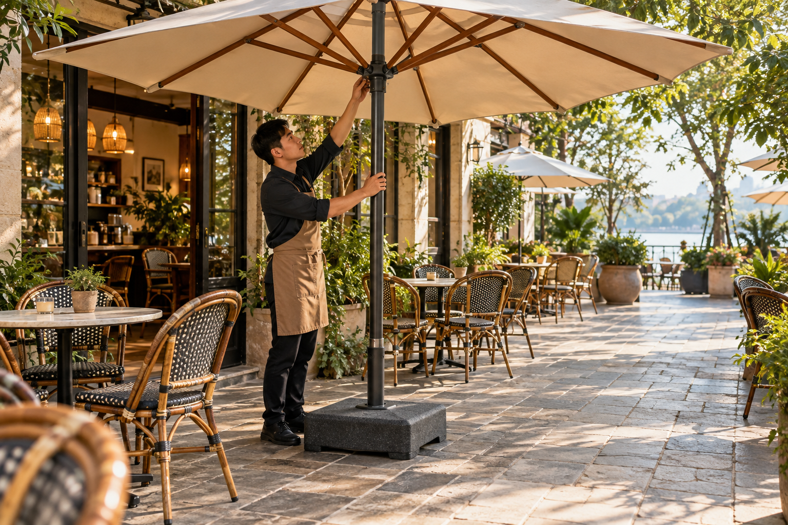 Nhân viên kiểm tra độ chắc chắn của ô dù cafe ngoài trời trước khi mở cửa