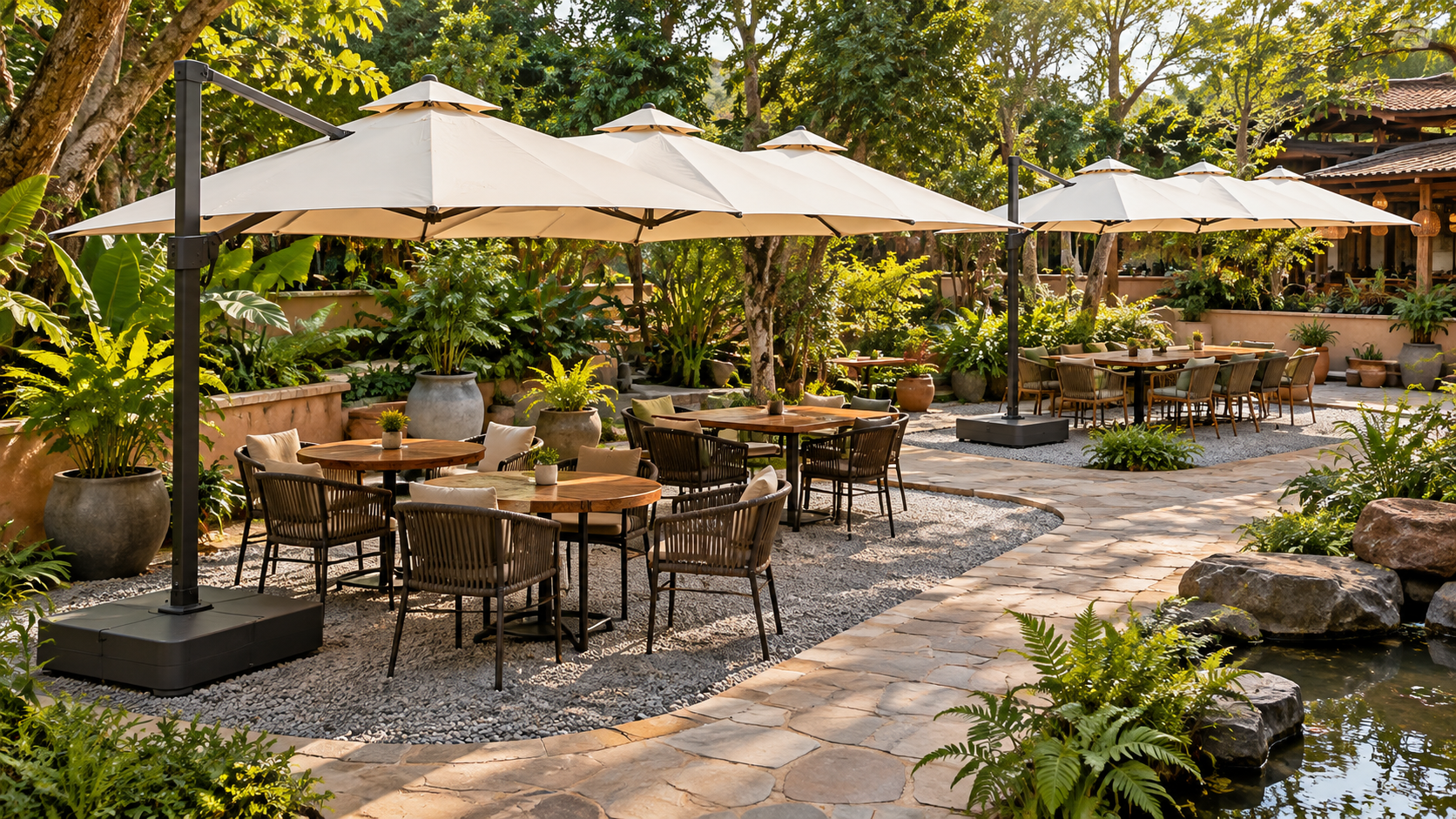 Bố trí ô dù cafe 3 đỉnh cho các bàn trong sân vườn
