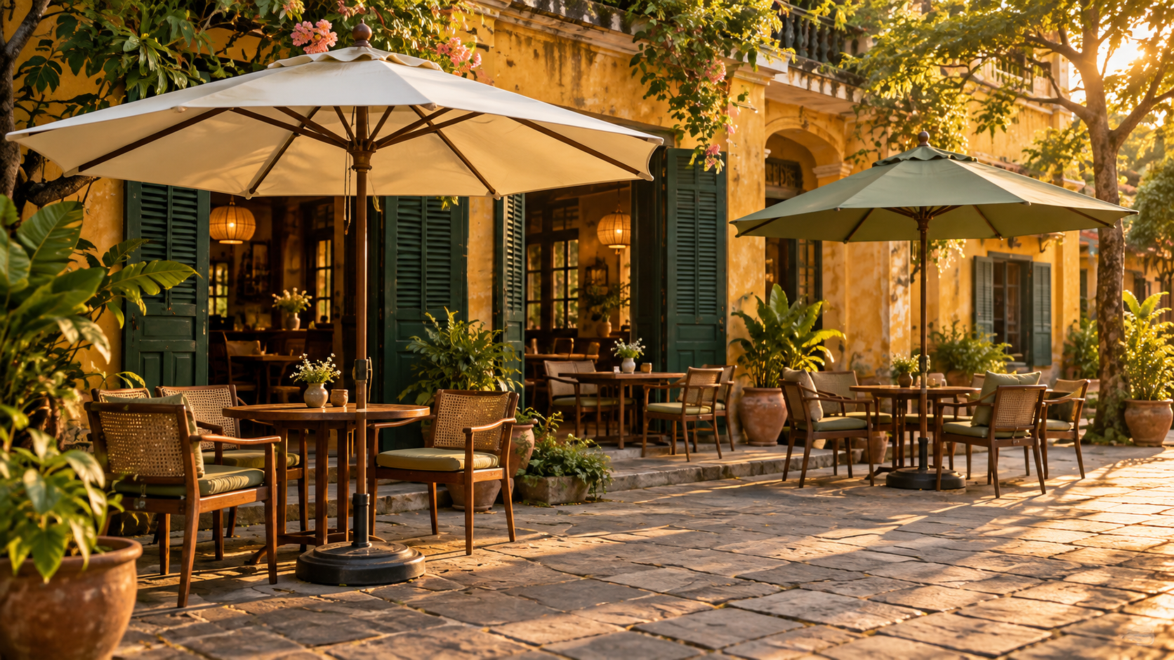 Bố trí ô dù cafe màu kem và xanh rêu trong sân quán phong cách cổ điển
