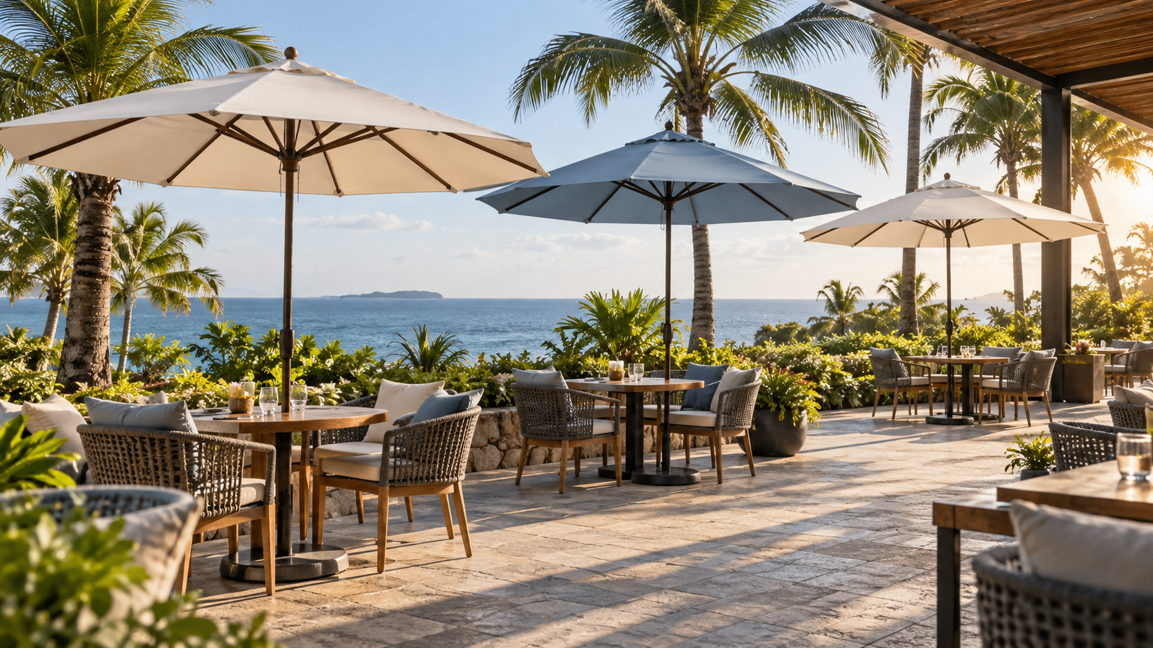 Bố trí nhiều ô dù cafe che nắng cho khu nghỉ dưỡng ven biển