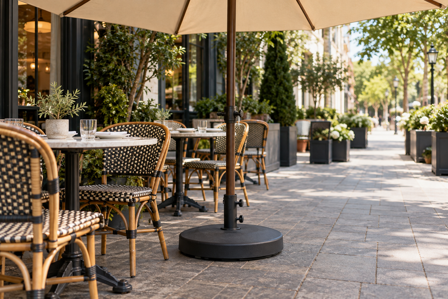 Chân đế nặng và khoảng cách an toàn quanh ô dù cafe trên sân patio