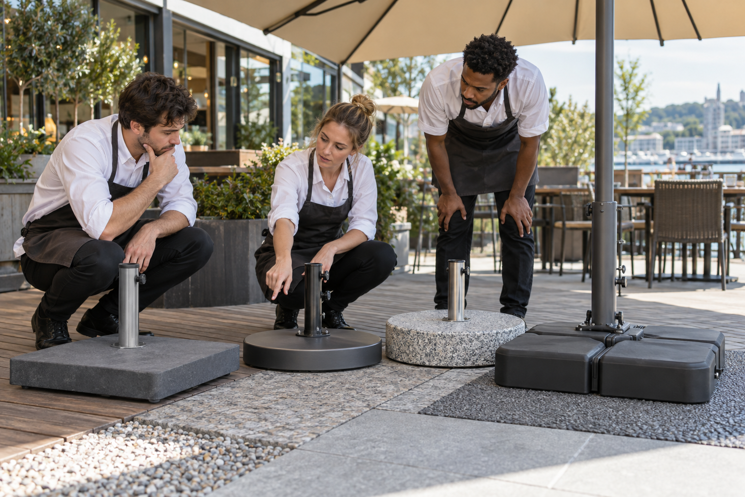 Nhân viên chọn chân đế ô dù cafe theo nền sân và kích thước tán