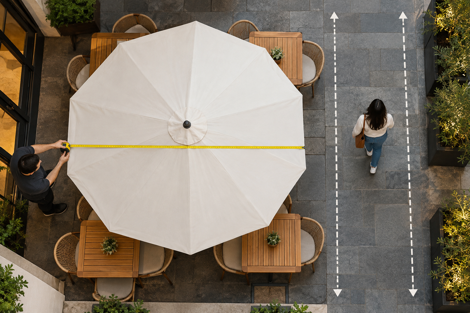 Đo kích thước bàn ghế và khoảng cách dưới ô dù cafe 3m