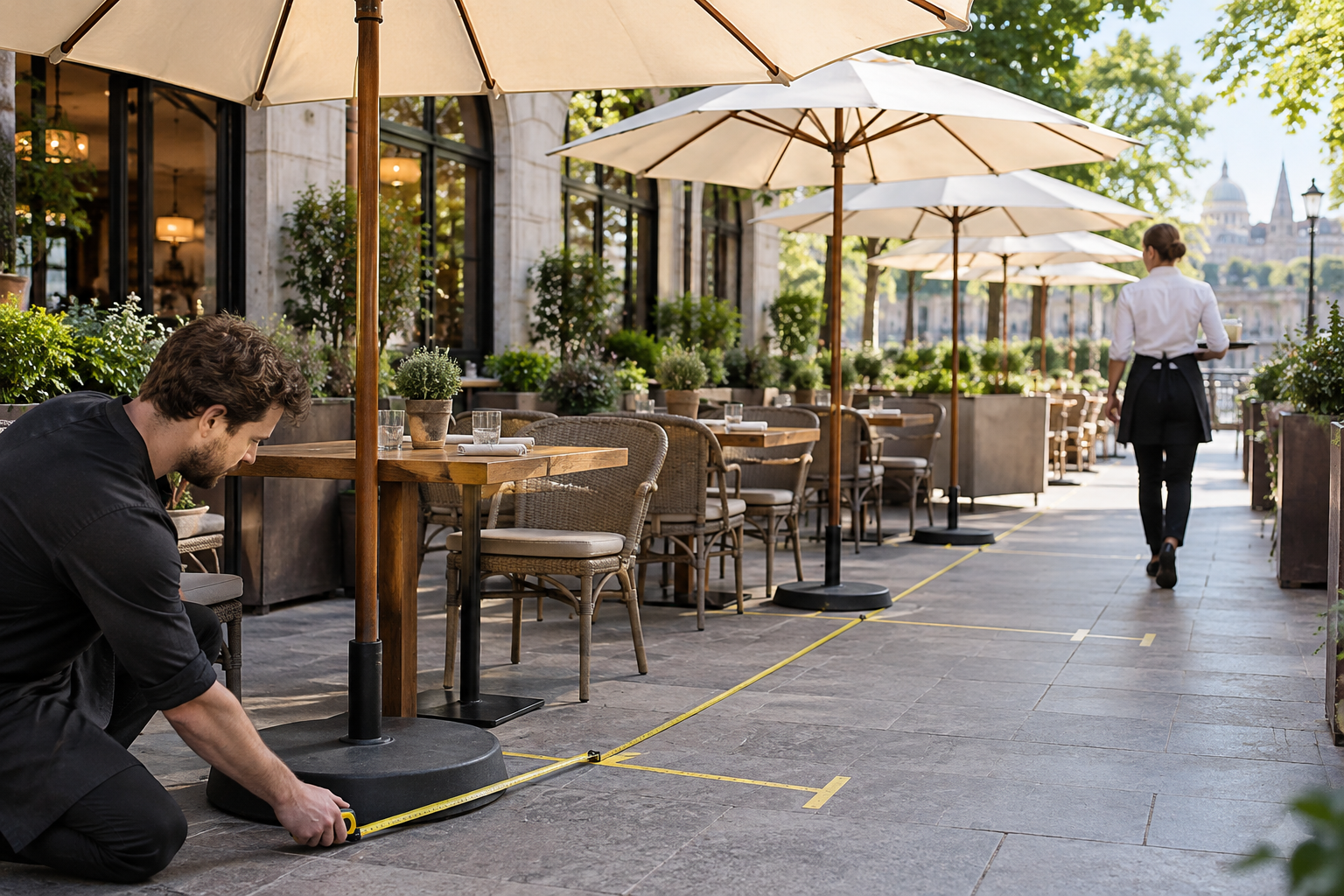 Đo khoảng cách giữa ô dù, bàn ghế và lối đi trong sân cafe rộng