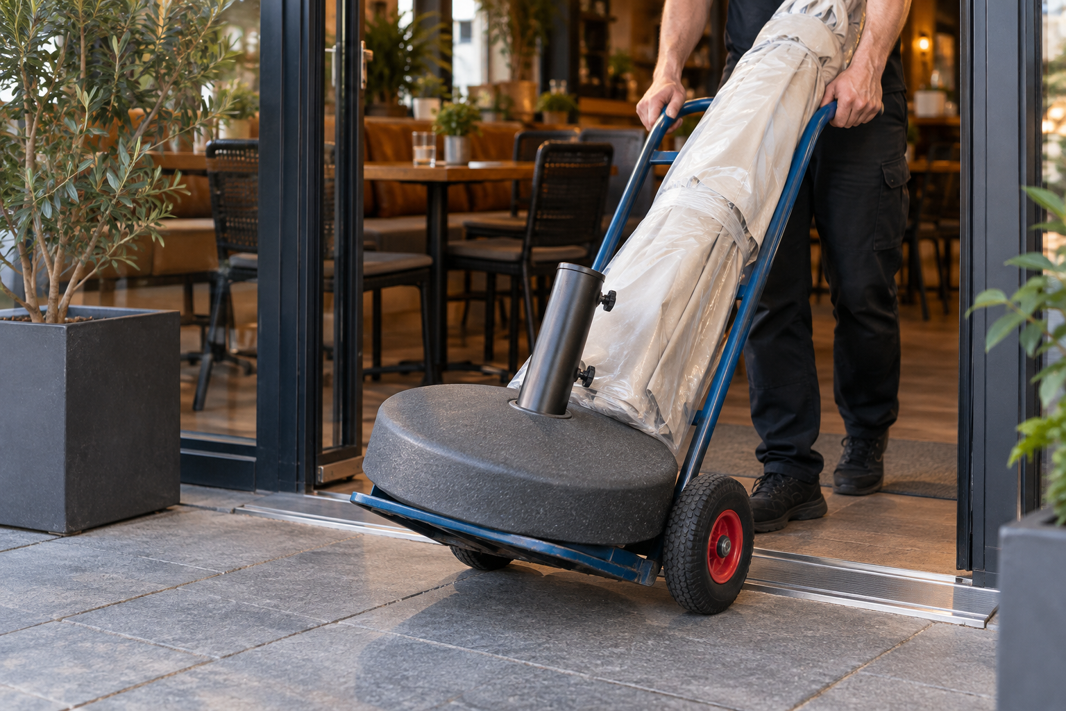 Dùng xe đẩy đưa chân đế và phụ kiện ô dù cafe vào sân quán