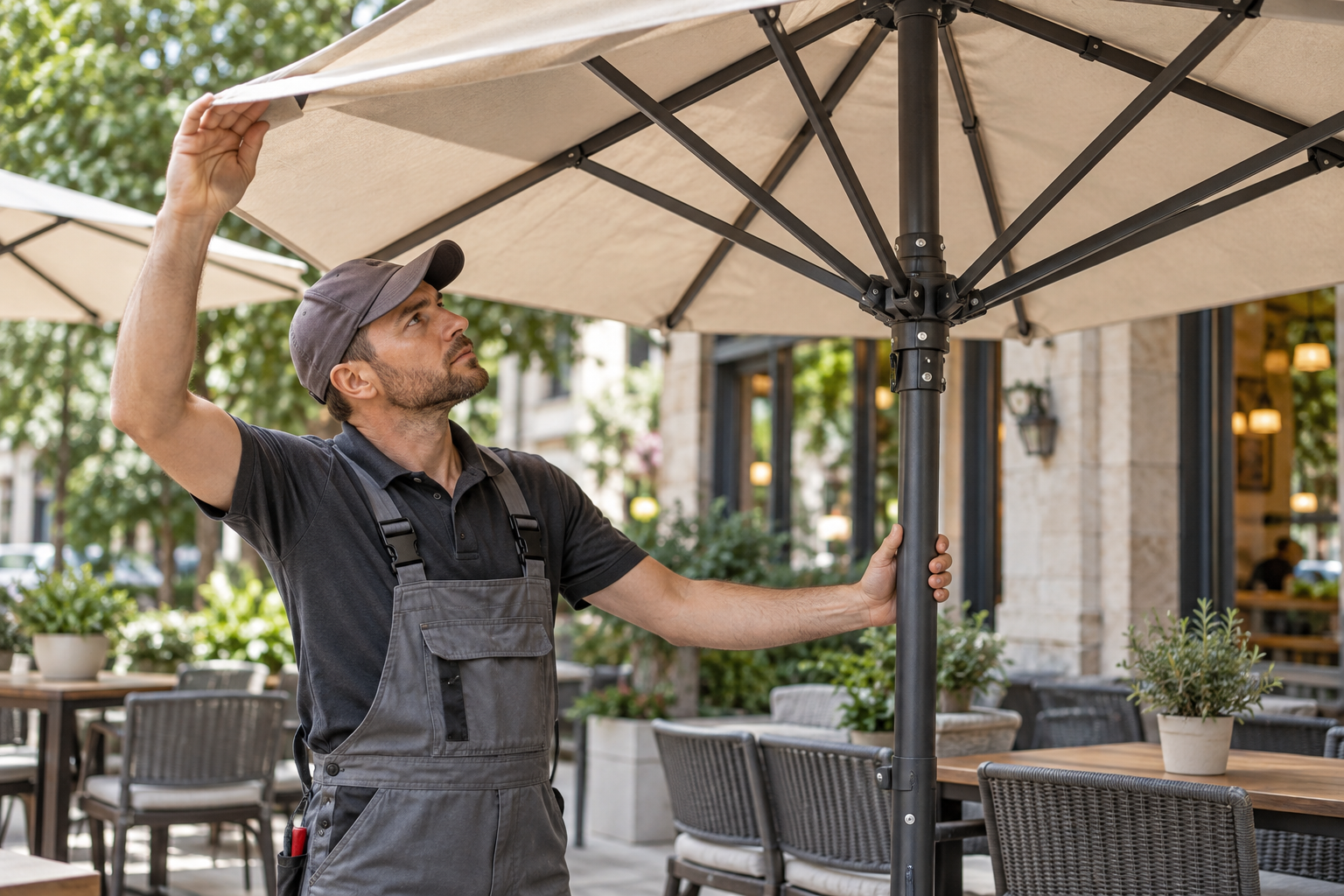 Kỹ thuật viên kiểm tra và quyết định thay tán hoặc khung ô dù cafe