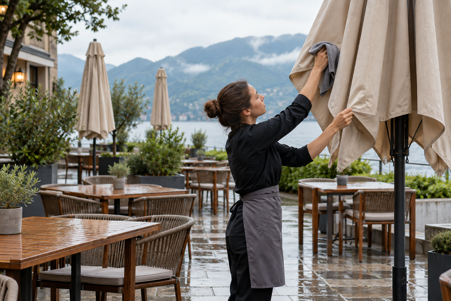 Nhân viên làm khô tán ô dù cafe sau mưa trước khi đưa vào kho