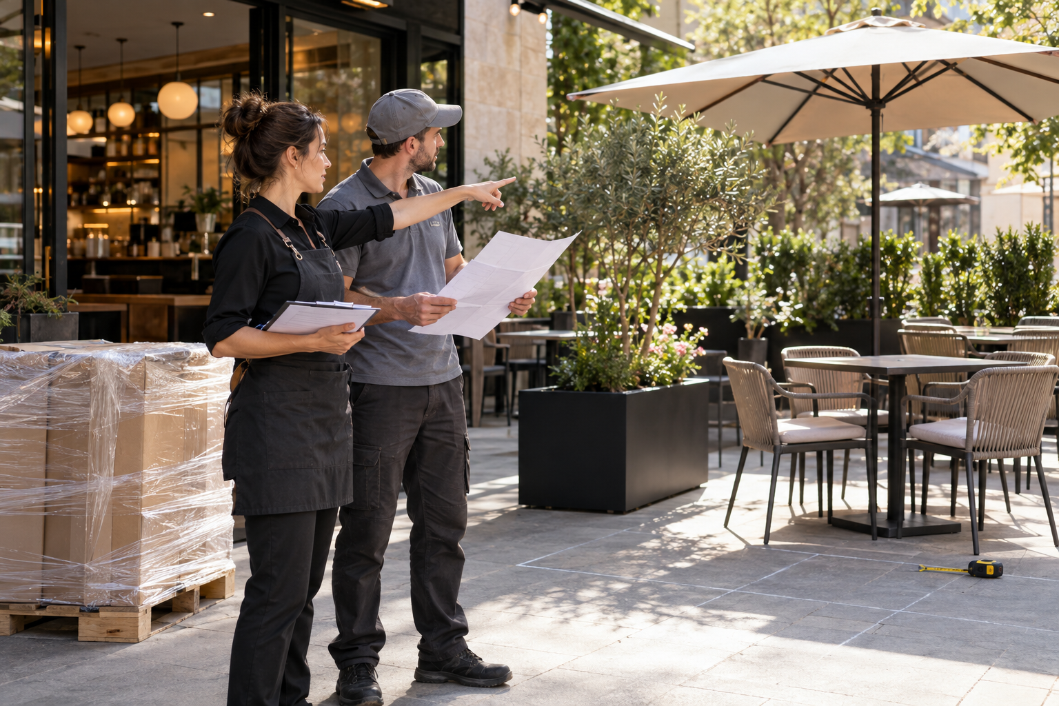 Nhân viên lắp đặt và kiểm tra ô dù cafe sau khi đưa hàng vào sân