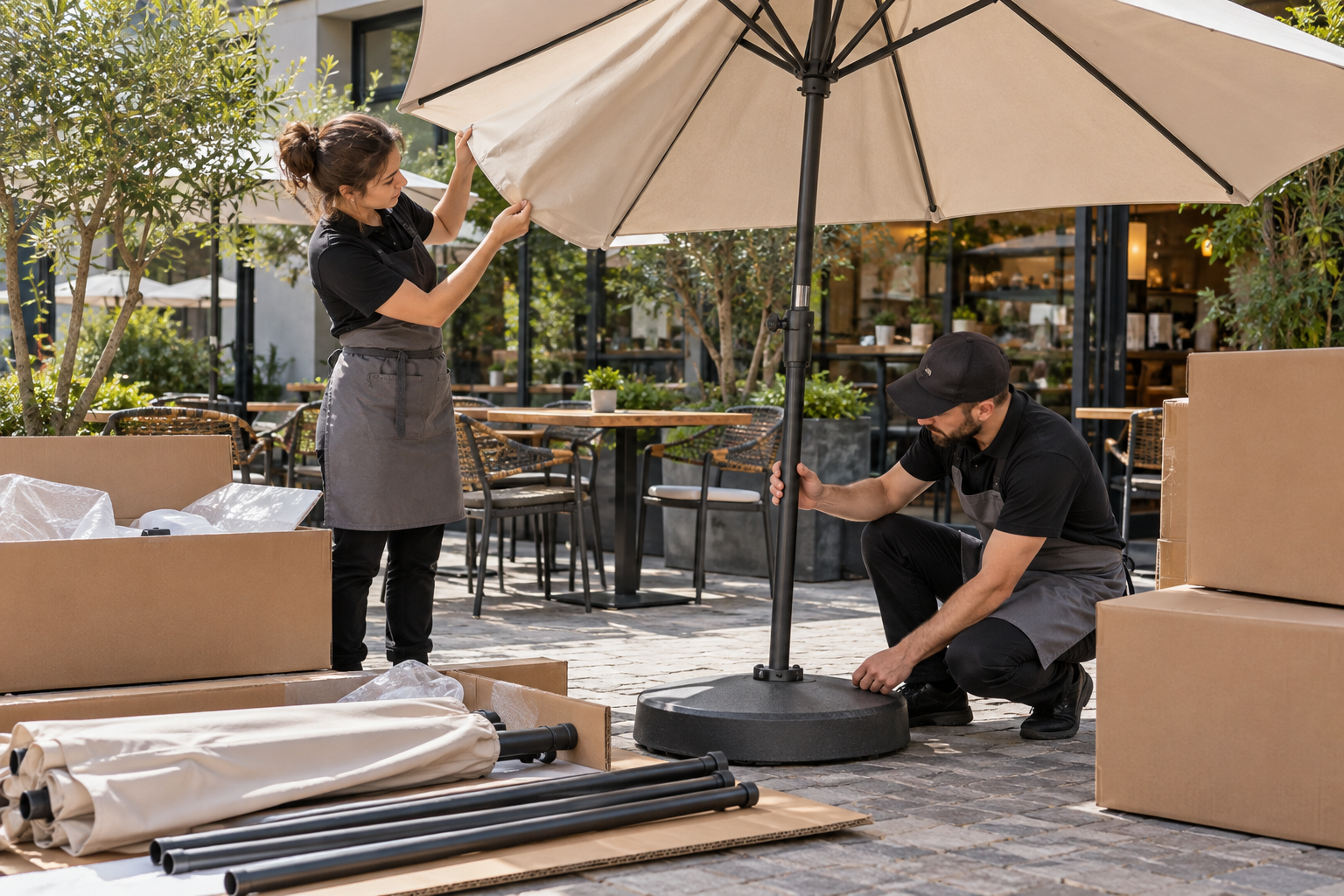 Nhân viên quán nhận các kiện ô dù cafe và kiểm tra tình trạng bên ngoài