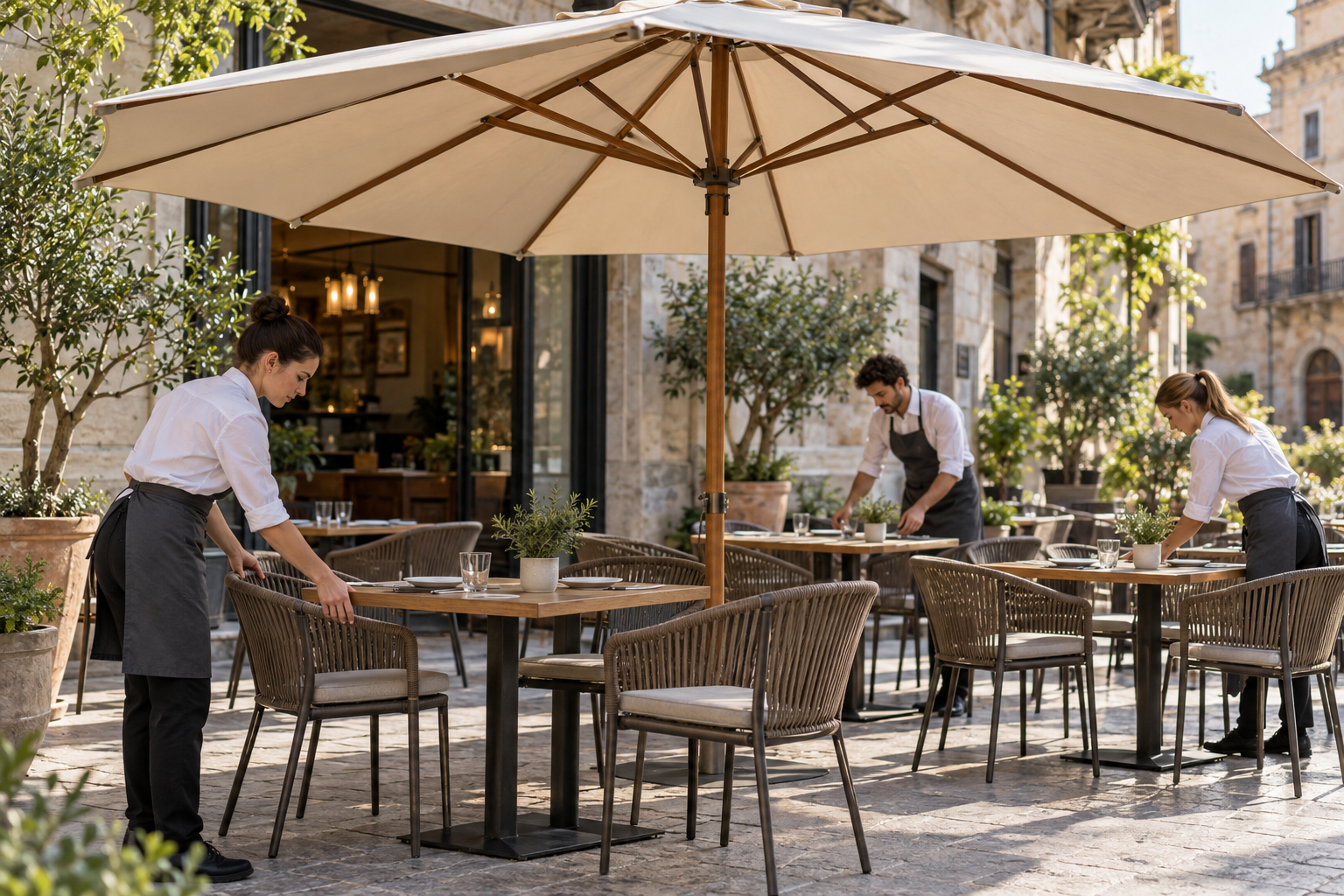 Nhân viên thử sắp xếp bàn ghế dưới ô dù cafe 3m theo lối phục vụ
