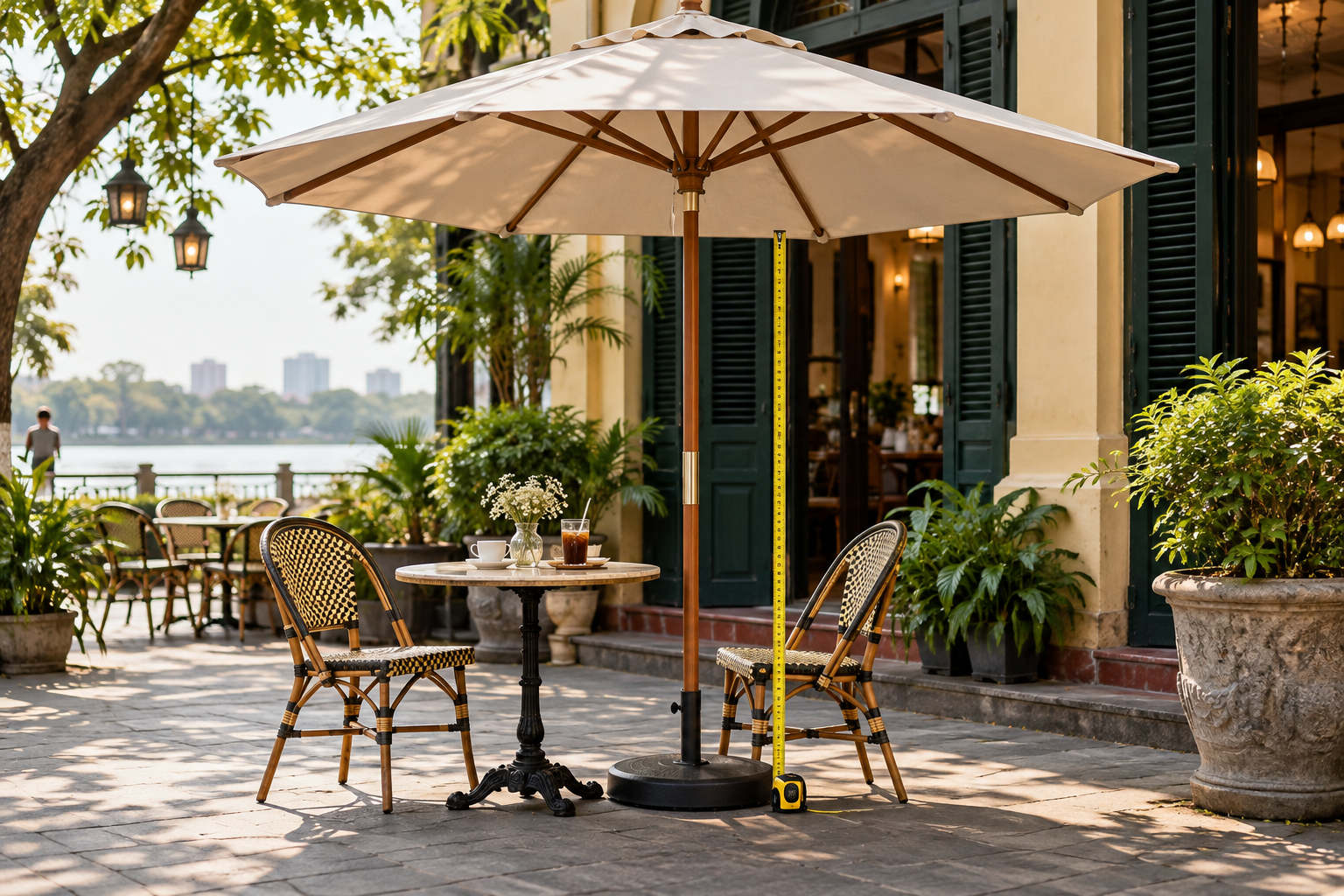 Ô dù cafe 2,5m che một bàn nhỏ với chân đế chắc chắn trên sân ngoài trời