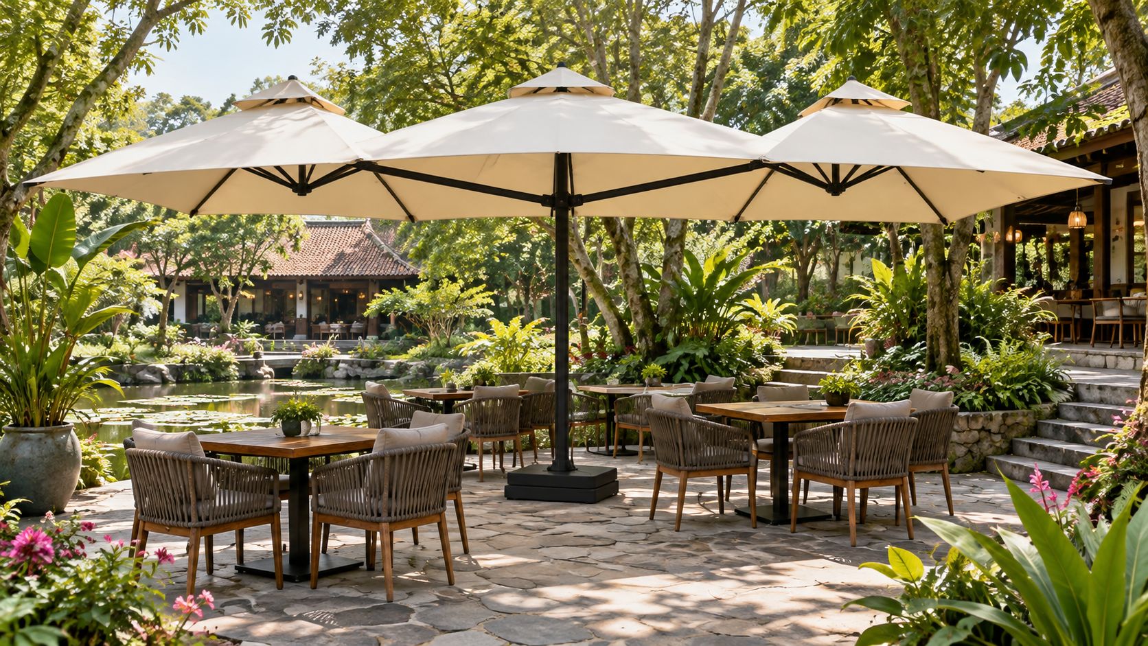 Ô dù cafe 3 đỉnh che nắng cho khu vực sân vườn
