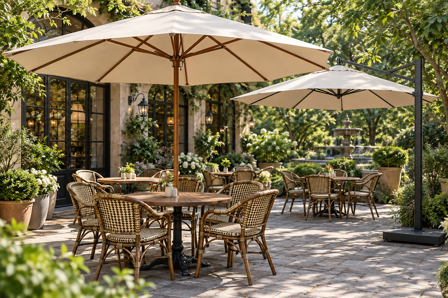 Ô dù cafe 3m che khu vực nhiều bàn trong sân vườn rộng