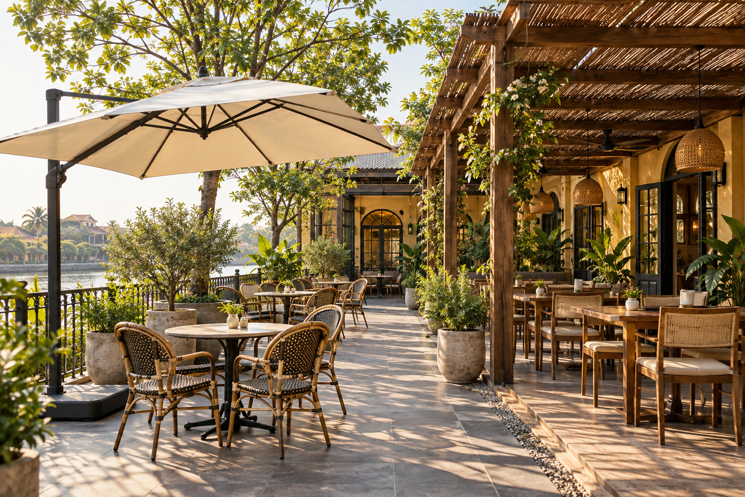 Ô dù cafe hay pergola: lựa chọn nào tiết kiệm hơn? – góc nhìn thực tế