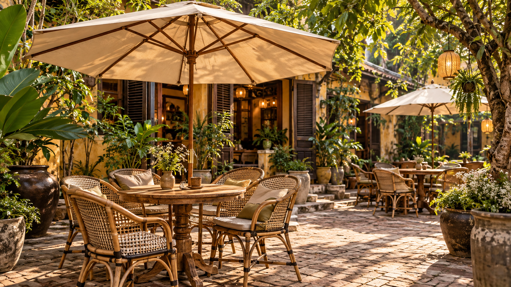 Ô dù cafe vintage kết hợp bàn ghế mây trong sân vườn