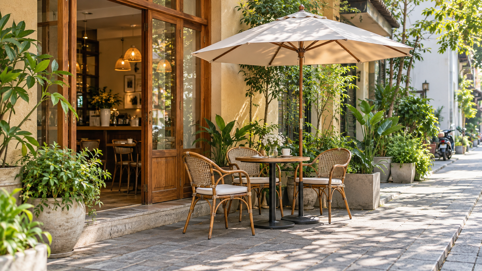 Ô dù che nắng cho sân cafe nhỏ dưới 20m2