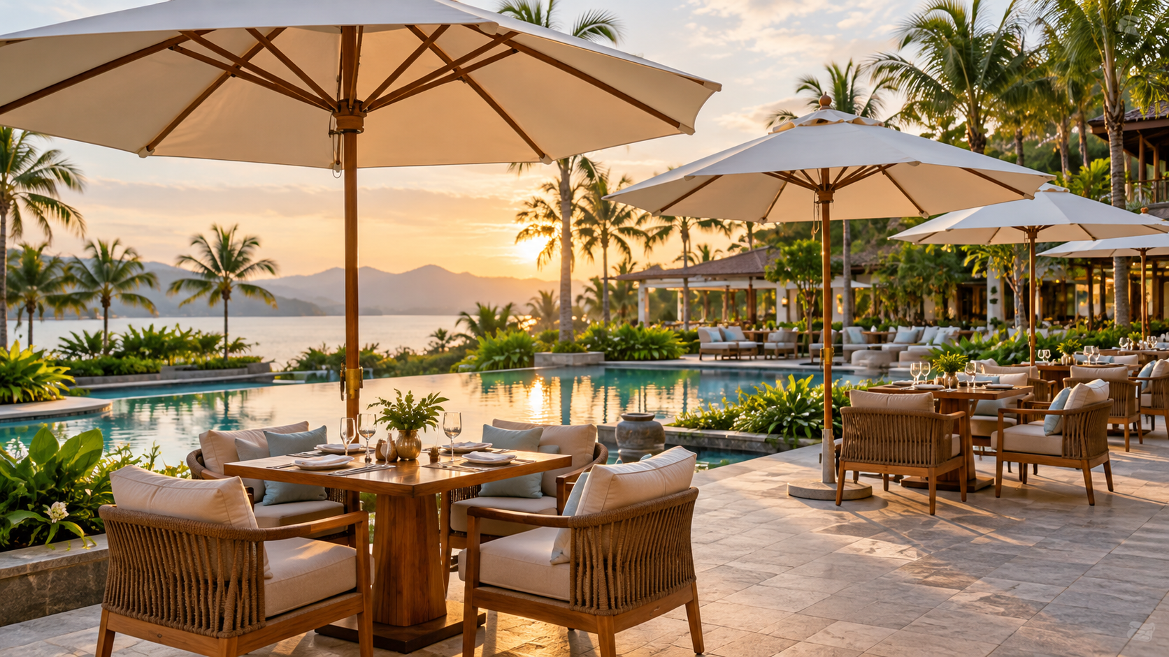 Ô dù ngoài trời che khu cafe bên hồ bơi resort