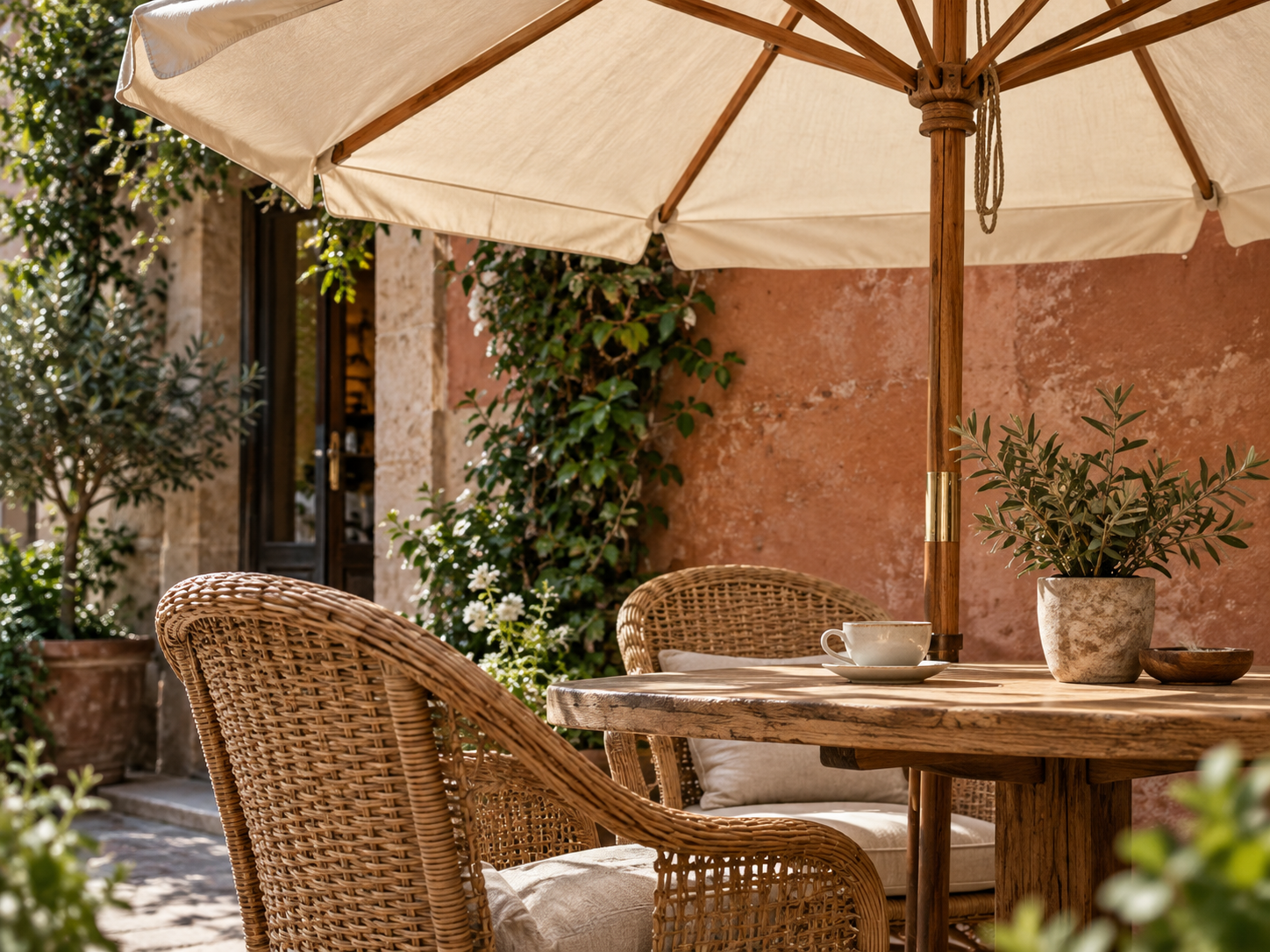 Phối màu ô dù cafe vintage với bàn gỗ và ghế mây