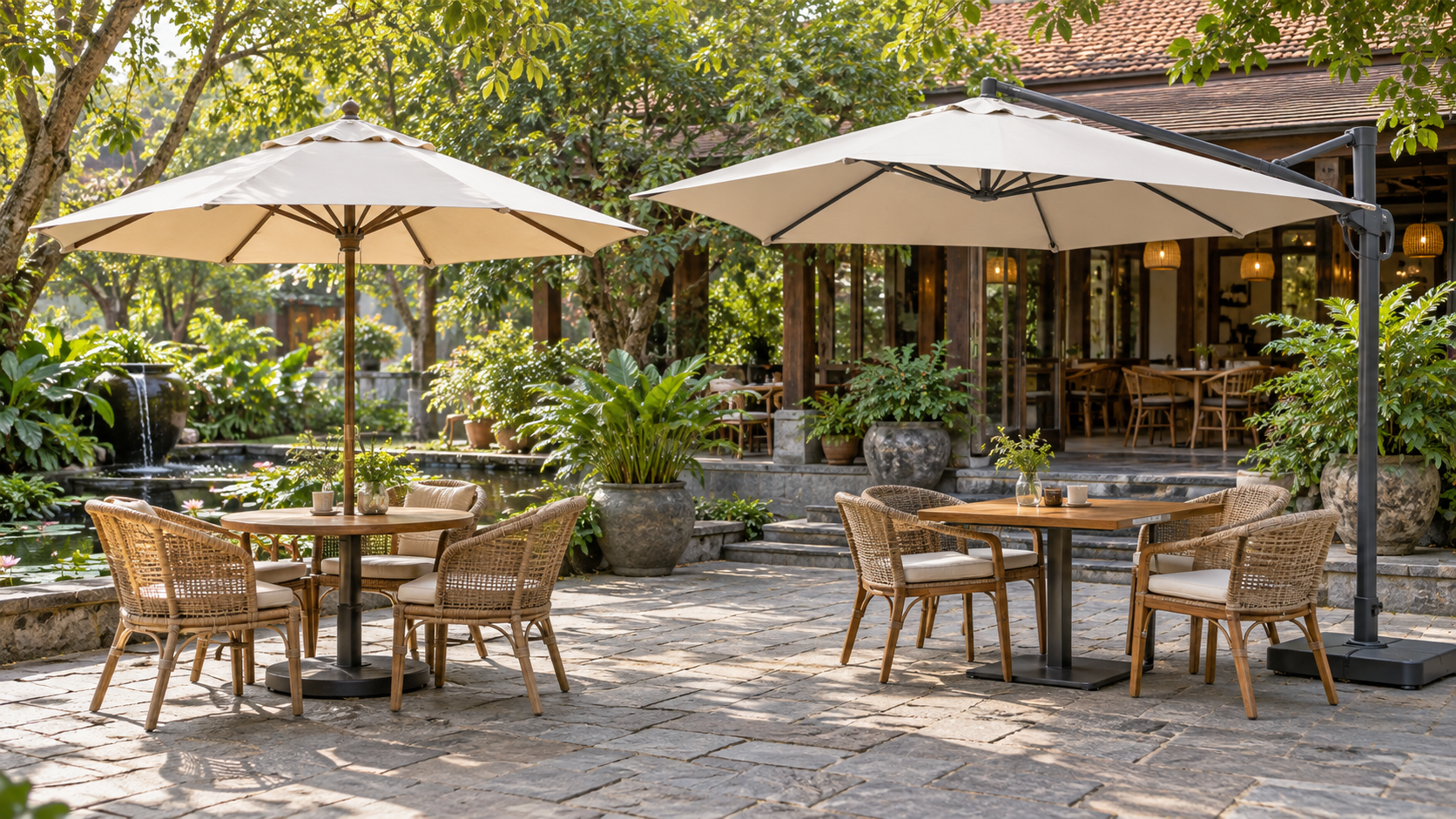 So sánh ô dù chính tâm và ô dù lệch tâm cho quán cafe