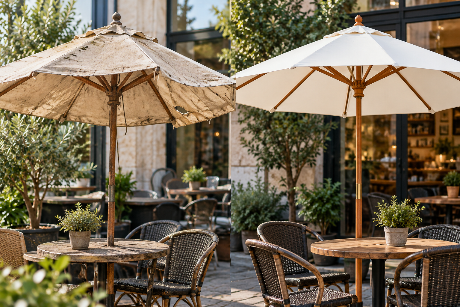 So sánh tình trạng và chi phí giữa ô dù cafe cũ và mẫu mới