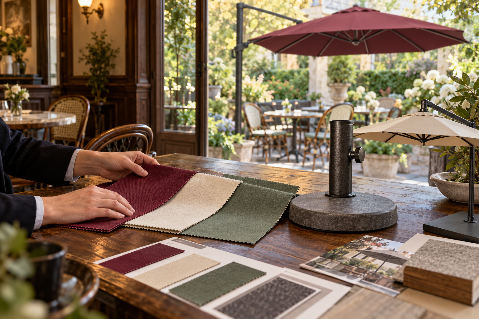 Tư vấn chọn màu vải và chân đế ô dù cho quán cafe cổ điển