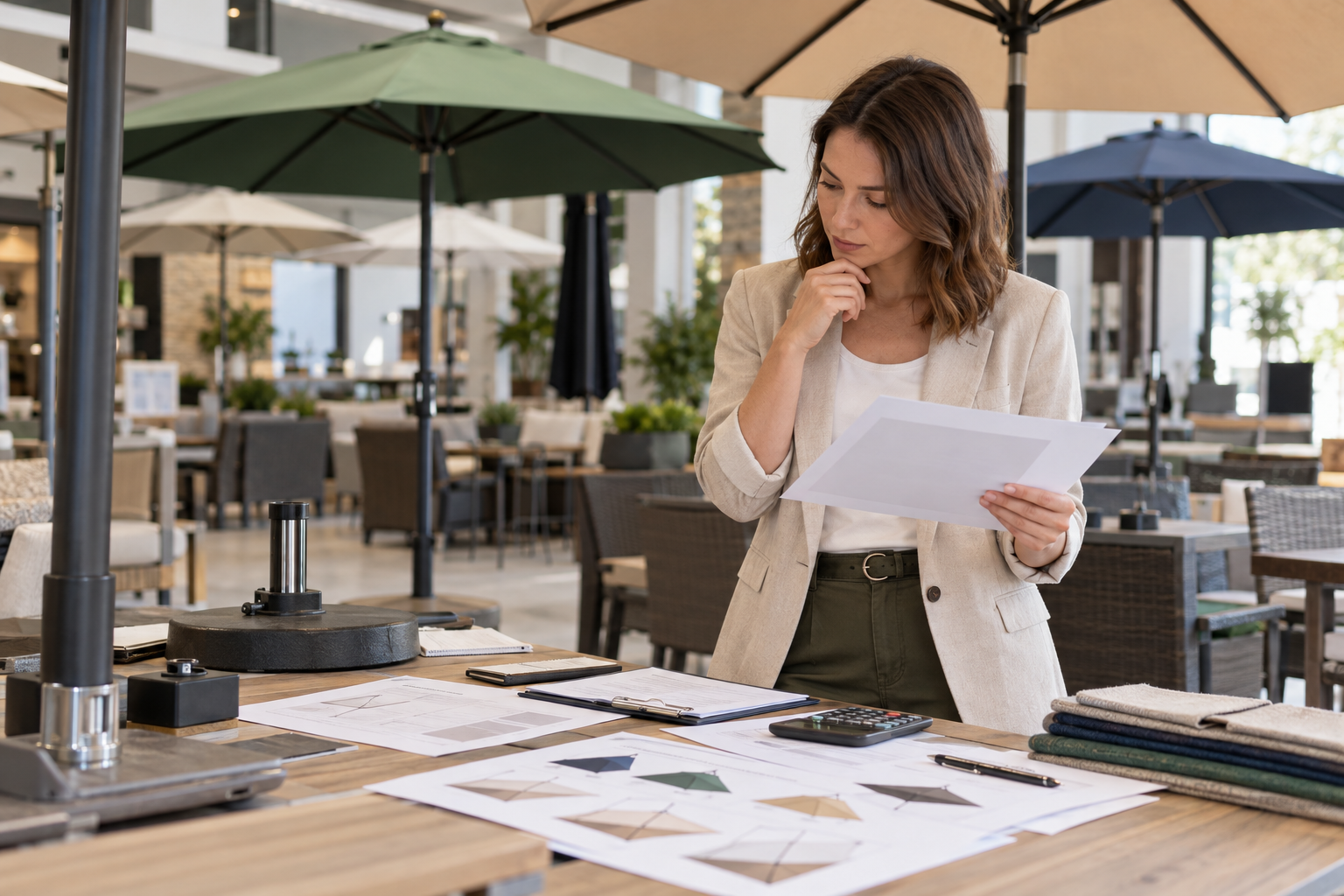 Chủ quán cân nhắc giá mua, bảo hành và chi phí bảo dưỡng ô dù cafe